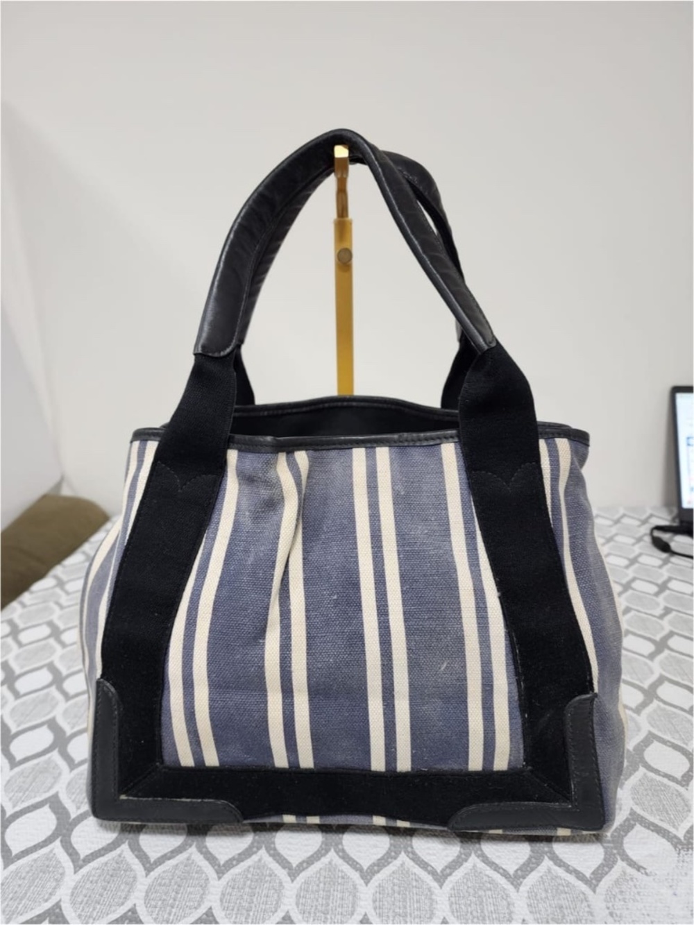 Authentic Balenciaga Canvas Striped Navy Cabas S Tote Bag Navy Blue/White/Black - Picture 4 of 12
